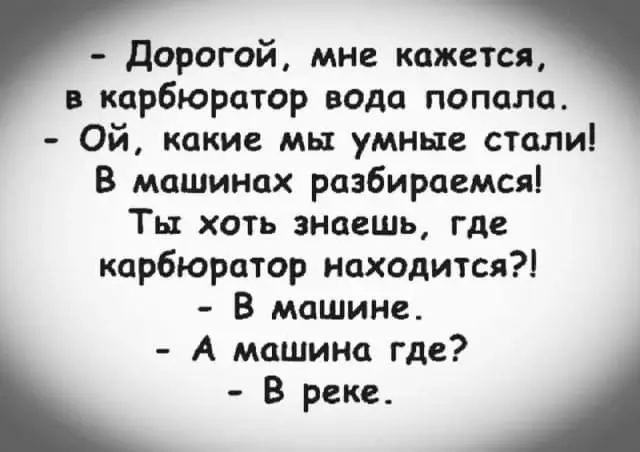 Дорогой, мне кажется, в карбюратор вода попала.